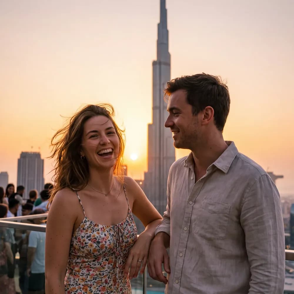 A couple laughing on a terrace at sunset, a tall tower behind them