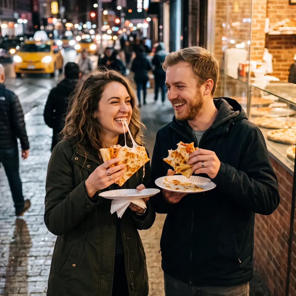 A couple eating pizza on a city pavement at night